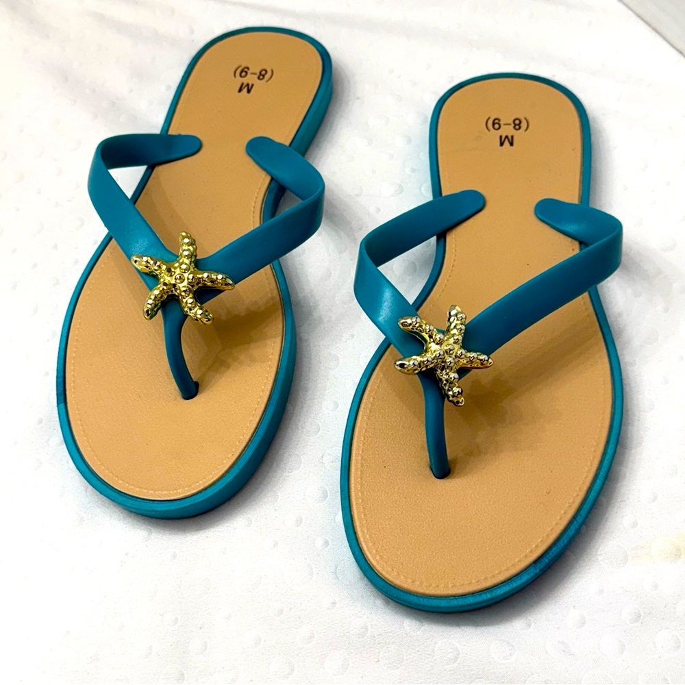 Bobbie Brooks Women's Flip Flops Starfish Foam Sole Sandals, Turquoise, Size M